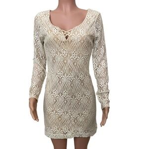Vintage B Darlin cream‎ lace knit sequin mini dress, long sleeve, sz. 13/14
